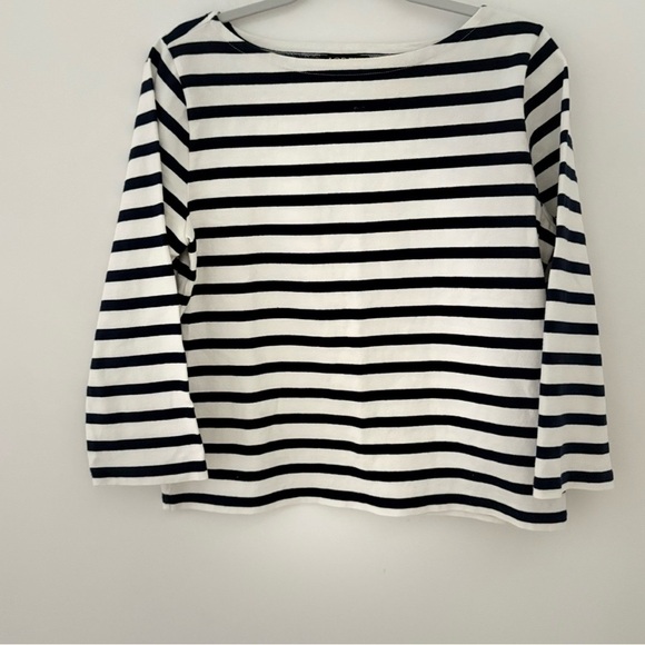 J Crew women boatneck white shirt black navy stripe size M Cotton 3/4 sleeve - Picture 4 of 8